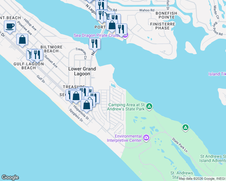 map of restaurants, bars, coffee shops, grocery stores, and more near 344 Amberjack Drive in Panama City Beach