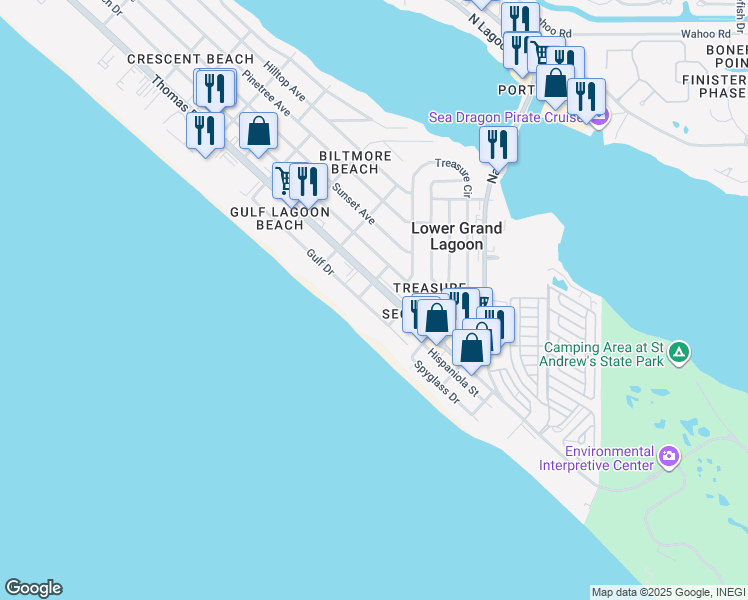 map of restaurants, bars, coffee shops, grocery stores, and more near 5131 Gulf Drive in Panama City