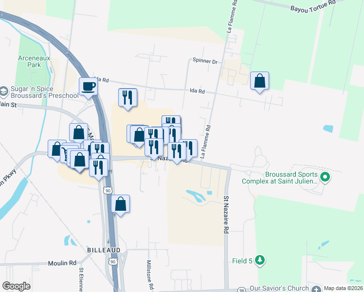 map of restaurants, bars, coffee shops, grocery stores, and more near 415 Saint Nazaire Road in Broussard