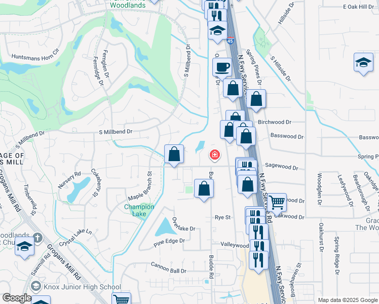 map of restaurants, bars, coffee shops, grocery stores, and more near 430 Nursery Road in Spring