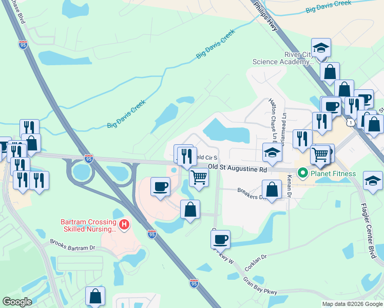 map of restaurants, bars, coffee shops, grocery stores, and more near 14421 Woodfield Circle South in Jacksonville