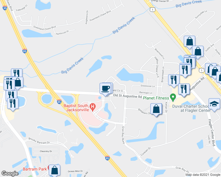 map of restaurants, bars, coffee shops, grocery stores, and more near 14421 Woodfield Circle South in Jacksonville