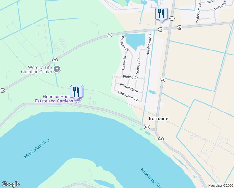 map of restaurants, bars, coffee shops, grocery stores, and more near 40216 Louisiana 942 in Darrow