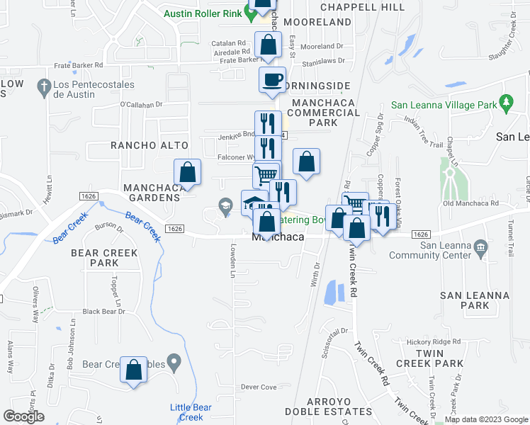 map of restaurants, bars, coffee shops, grocery stores, and more near 12116 Menchaca Road in Austin