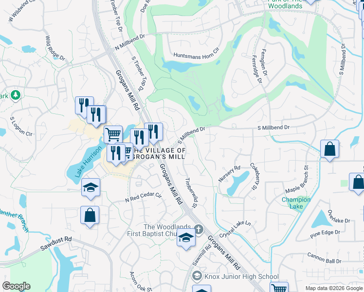 map of restaurants, bars, coffee shops, grocery stores, and more near 2101 East Settlers Way in Spring
