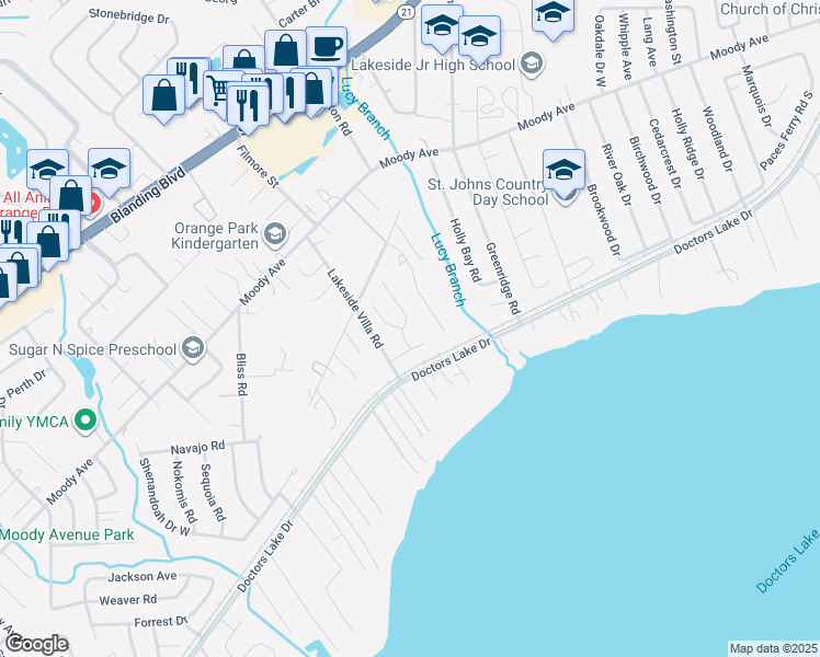map of restaurants, bars, coffee shops, grocery stores, and more near 3080 Marrano Drive in Orange Park