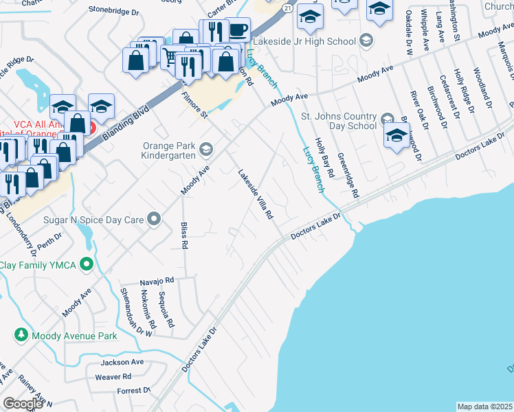 map of restaurants, bars, coffee shops, grocery stores, and more near 3110 Rococo Court in Orange Park