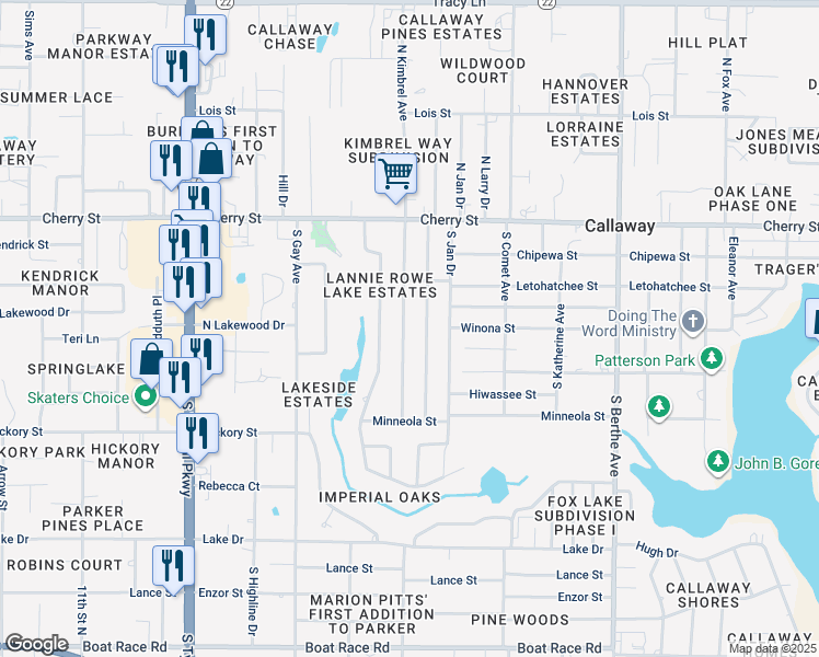 map of restaurants, bars, coffee shops, grocery stores, and more near 215 South Kimbrel Avenue in Panama City