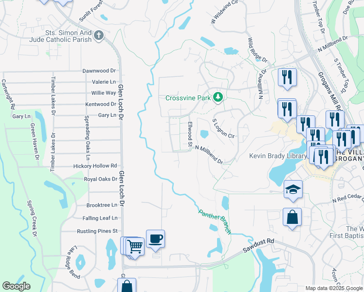 map of restaurants, bars, coffee shops, grocery stores, and more near 11022 Meadow Rue Street in Spring