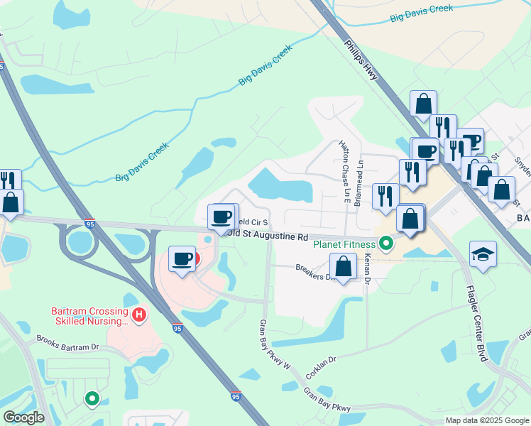 map of restaurants, bars, coffee shops, grocery stores, and more near 14500 Woodfield Circle North in Jacksonville