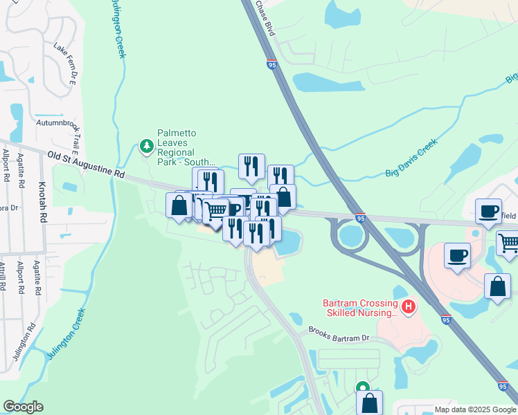 map of restaurants, bars, coffee shops, grocery stores, and more near Old St Augustine Rd & Bartram Park Blvd in Jacksonville