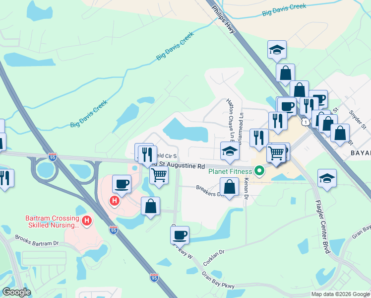 map of restaurants, bars, coffee shops, grocery stores, and more near 14517 Greenover Lane in Jacksonville