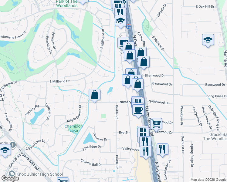 map of restaurants, bars, coffee shops, grocery stores, and more near 26209 Oak Ridge Drive in The Woodlands
