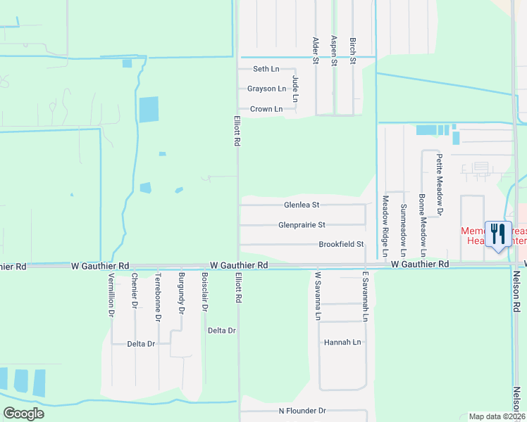 map of restaurants, bars, coffee shops, grocery stores, and more near 2706 Glenlea Street in Lake Charles