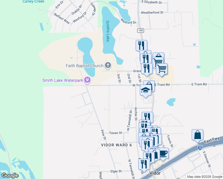 map of restaurants, bars, coffee shops, grocery stores, and more near 650 West Tram Road in Vidor