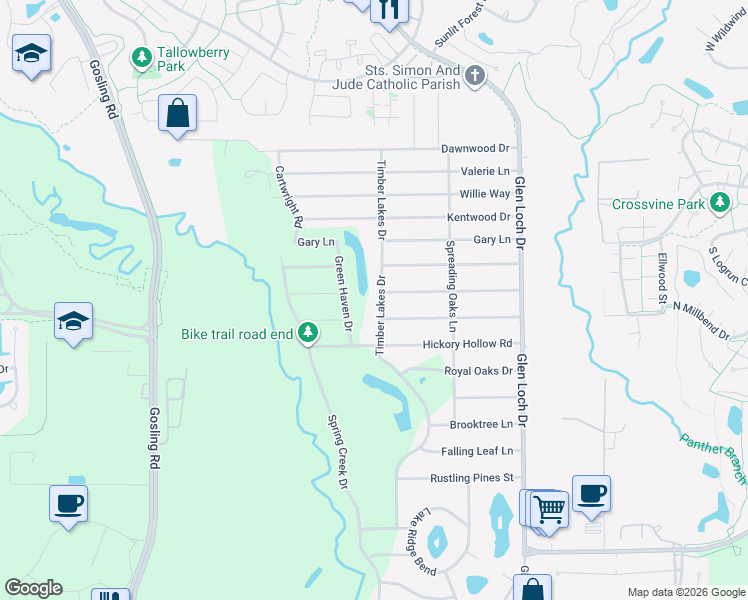 map of restaurants, bars, coffee shops, grocery stores, and more near 25830 Green Haven Drive in Spring