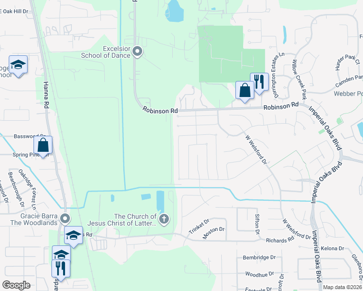 map of restaurants, bars, coffee shops, grocery stores, and more near 31266 North Head Drive in Spring