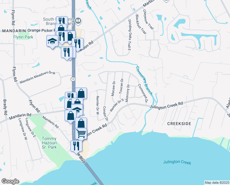 map of restaurants, bars, coffee shops, grocery stores, and more near 12451 Macaw Drive in Jacksonville