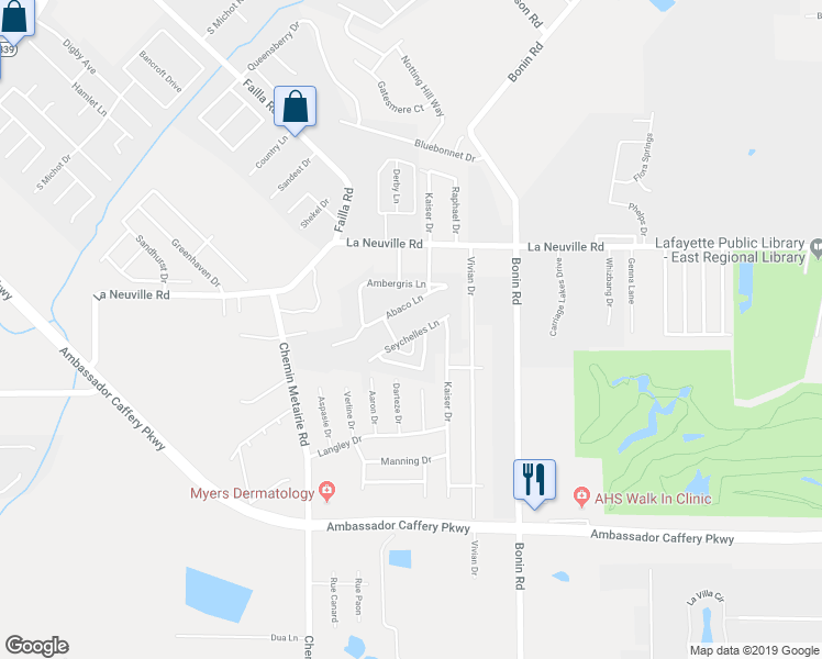 map of restaurants, bars, coffee shops, grocery stores, and more near 400 Seychelles Lane in Lafayette