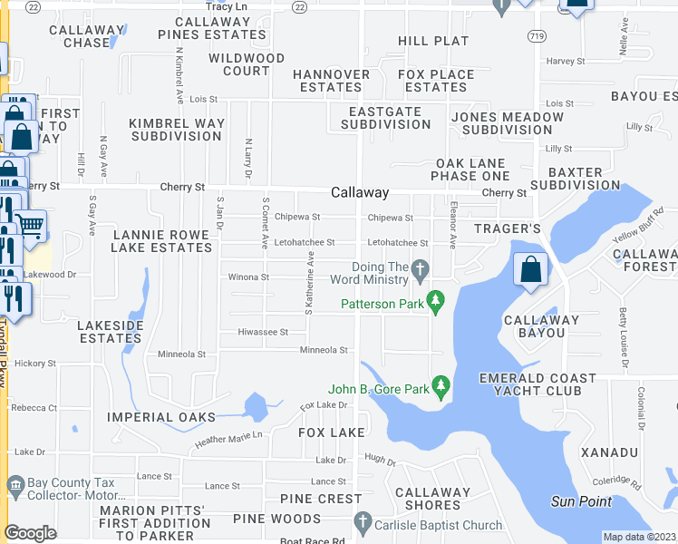 map of restaurants, bars, coffee shops, grocery stores, and more near 6713 Winona Street in Panama City