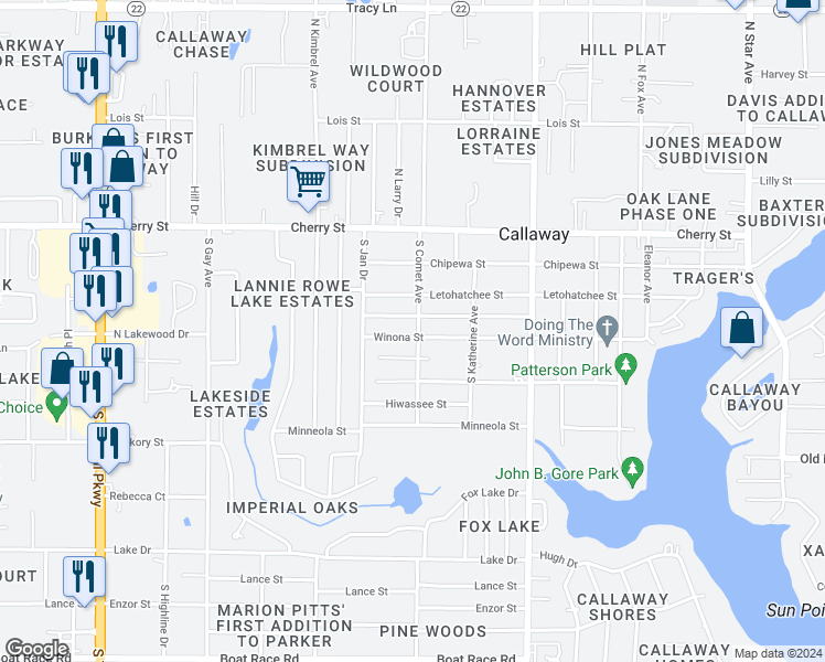 map of restaurants, bars, coffee shops, grocery stores, and more near 6415 Winona Street in Panama City