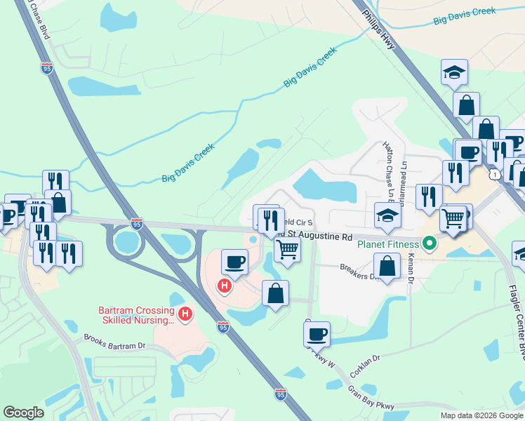 map of restaurants, bars, coffee shops, grocery stores, and more near 12557 Woodfield Circle West in Jacksonville