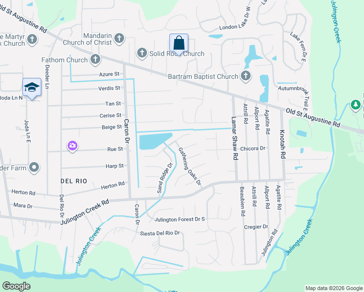 map of restaurants, bars, coffee shops, grocery stores, and more near 5301 Pond View Drive in Jacksonville