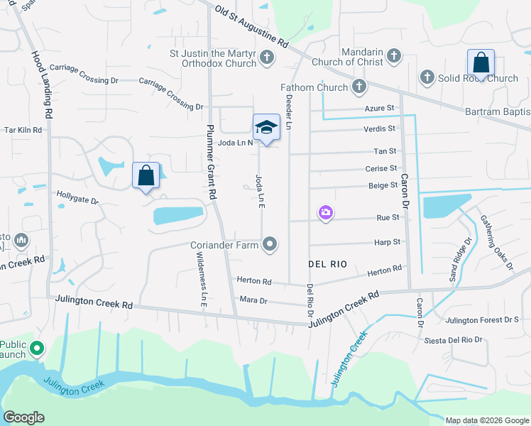 map of restaurants, bars, coffee shops, grocery stores, and more near 12615 Joda Lane South in Jacksonville