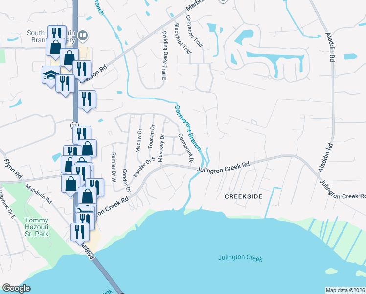 map of restaurants, bars, coffee shops, grocery stores, and more near 12431 Cormorant Drive in Jacksonville