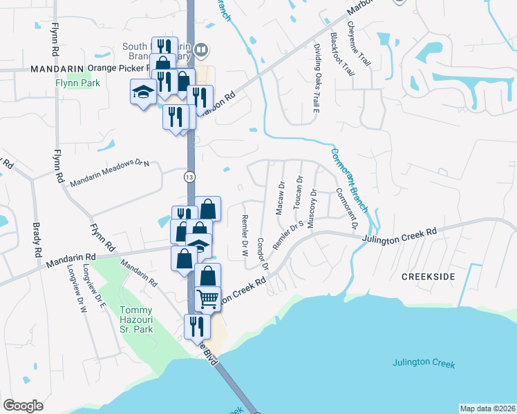 map of restaurants, bars, coffee shops, grocery stores, and more near 3175 Blue Heron Drive South in Jacksonville
