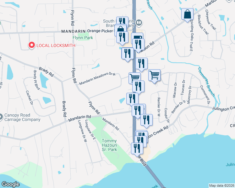 map of restaurants, bars, coffee shops, grocery stores, and more near 2910 Mandarin Meadows Drive South in Jacksonville