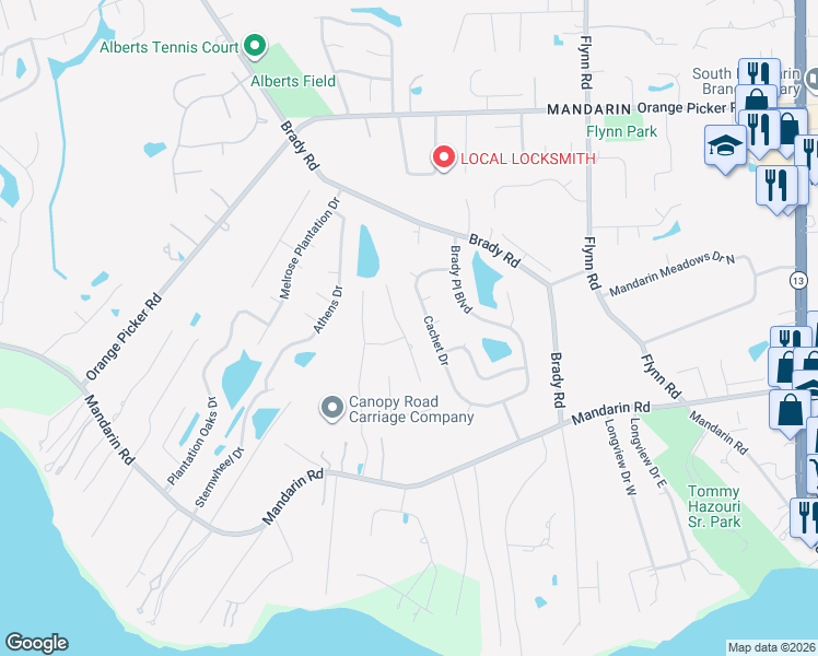 map of restaurants, bars, coffee shops, grocery stores, and more near 1813 Grassington Way North in Jacksonville