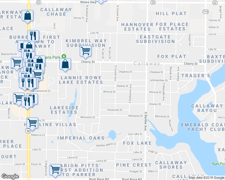 map of restaurants, bars, coffee shops, grocery stores, and more near 6410 Olokee Street in Panama City