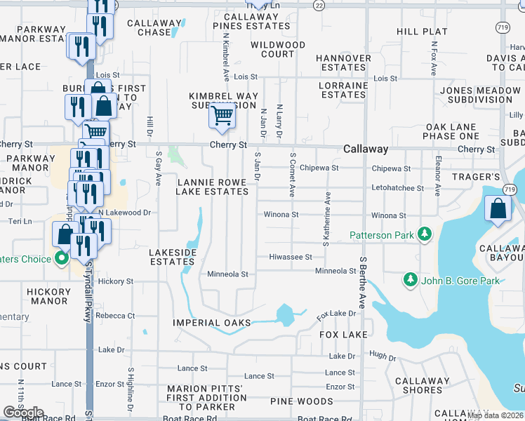map of restaurants, bars, coffee shops, grocery stores, and more near 212 South Jan Drive in Callaway