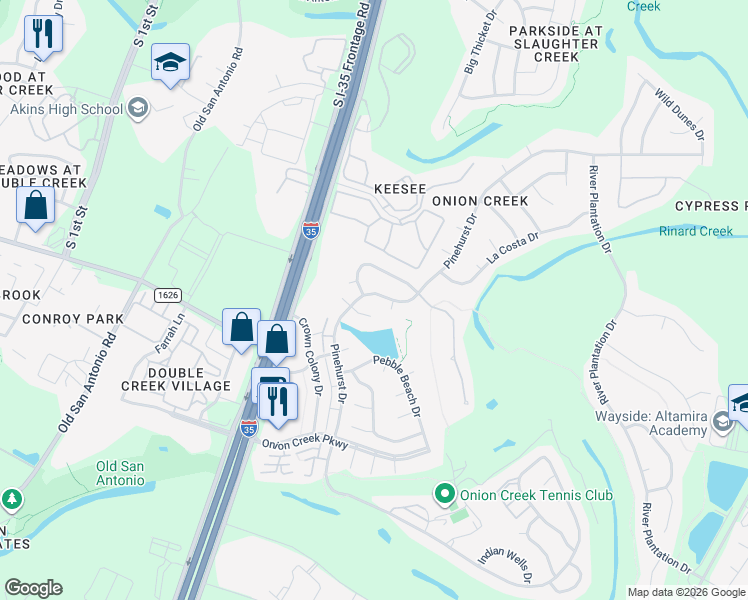 map of restaurants, bars, coffee shops, grocery stores, and more near 10702 Pinehurst Drive in Austin