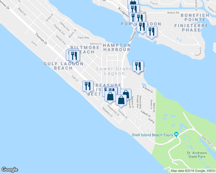 map of restaurants, bars, coffee shops, grocery stores, and more near 3933 Long John Drive in Panama City