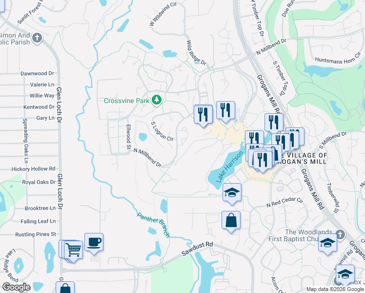 map of restaurants, bars, coffee shops, grocery stores, and more near 22 Leisure Lane in Spring