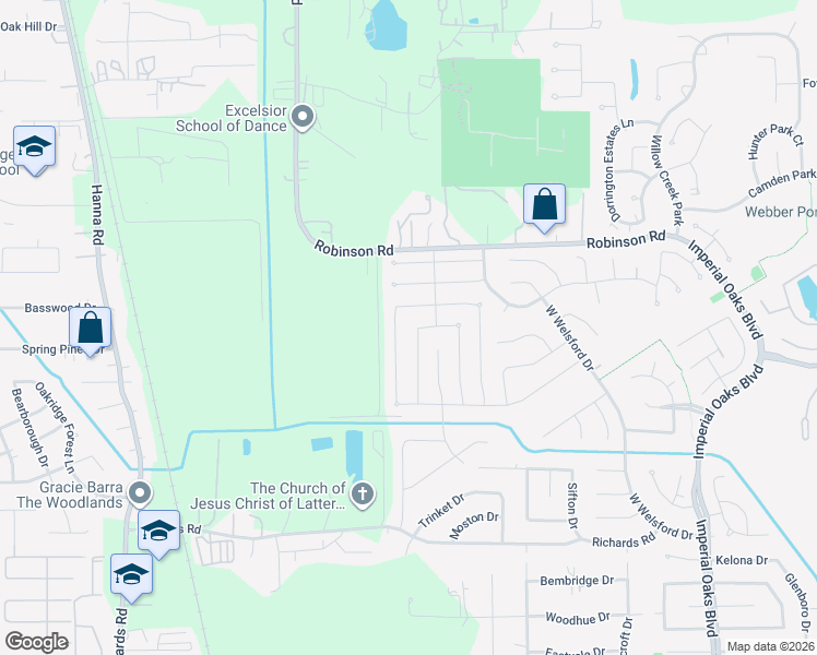 map of restaurants, bars, coffee shops, grocery stores, and more near 1306 Castlemist Drive in Spring