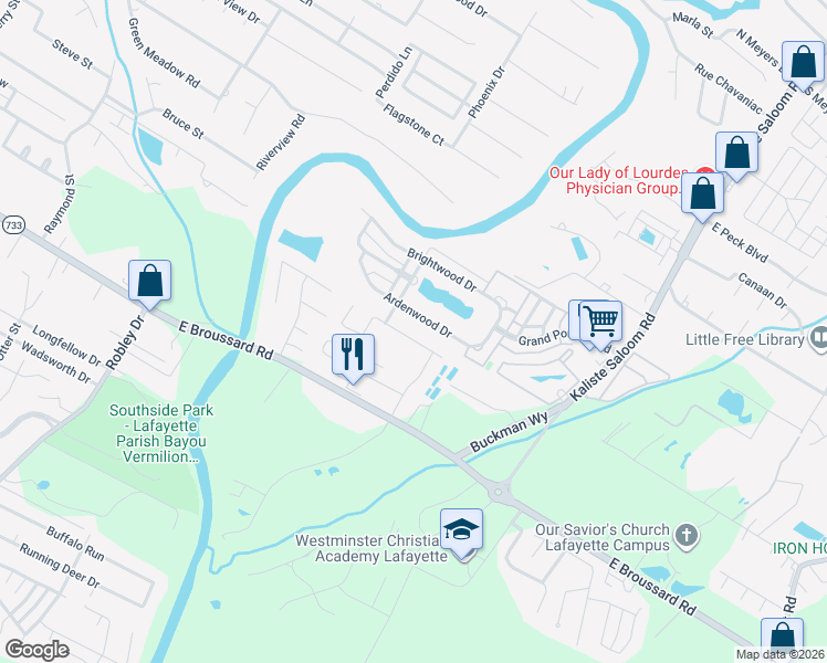 map of restaurants, bars, coffee shops, grocery stores, and more near 211 Brightwood Drive in Lafayette