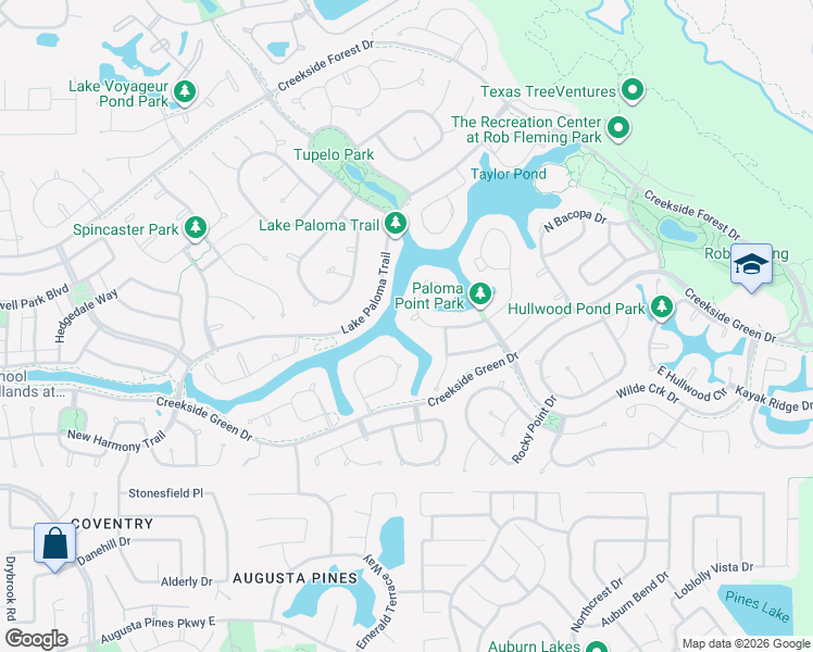 map of restaurants, bars, coffee shops, grocery stores, and more near 46 Cove View Trail Court in Spring