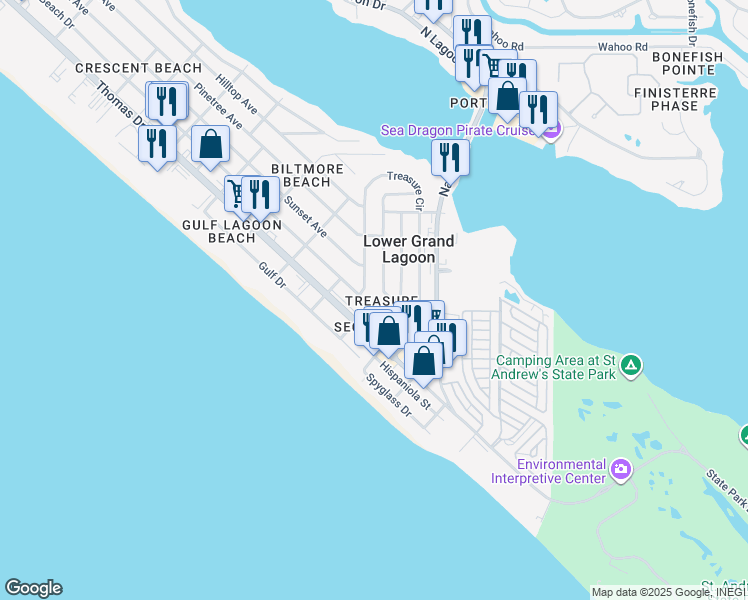 map of restaurants, bars, coffee shops, grocery stores, and more near 5114 Beach Drive in Panama City