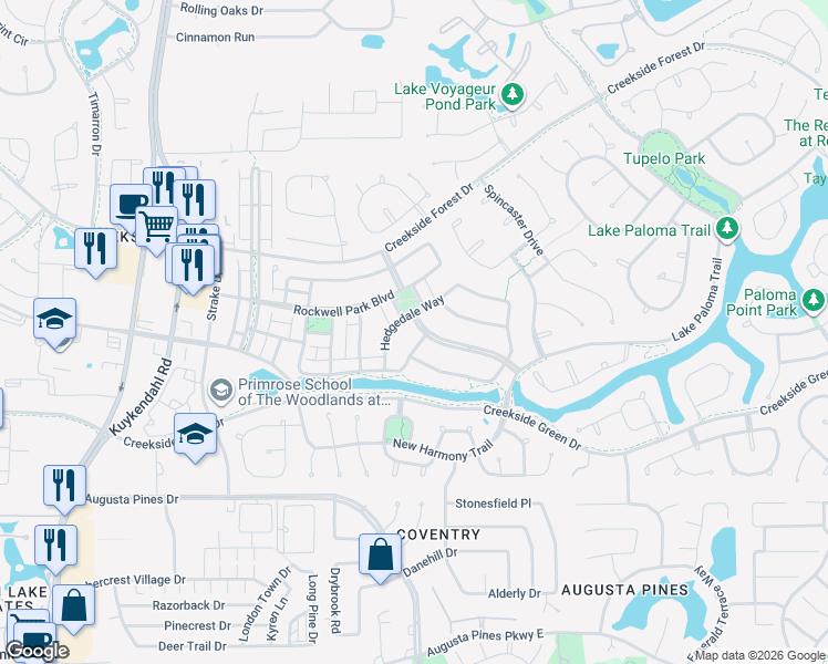 map of restaurants, bars, coffee shops, grocery stores, and more near 55 Liberty Branch Boulevard in Spring