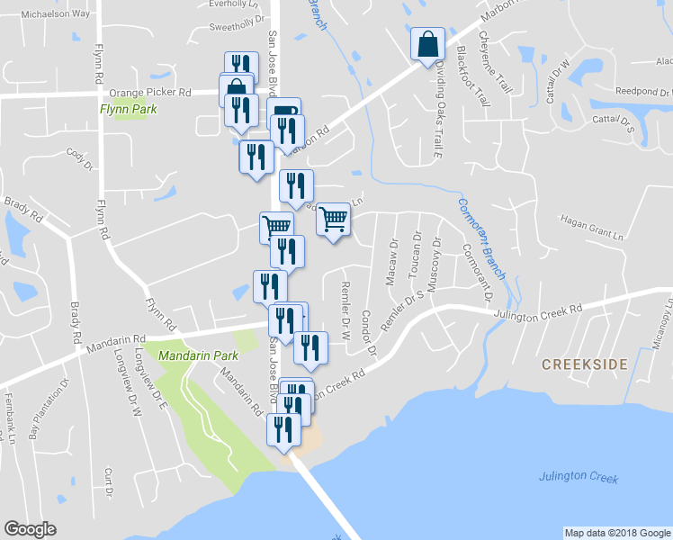 map of restaurants, bars, coffee shops, grocery stores, and more near 3045 Blue Heron Drive North in Jacksonville