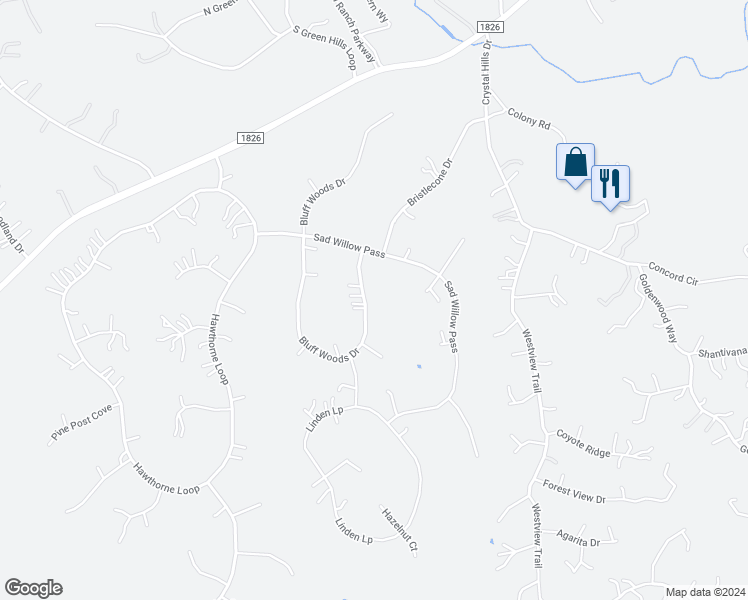 map of restaurants, bars, coffee shops, grocery stores, and more near 235 Bluff Woods Drive in Driftwood