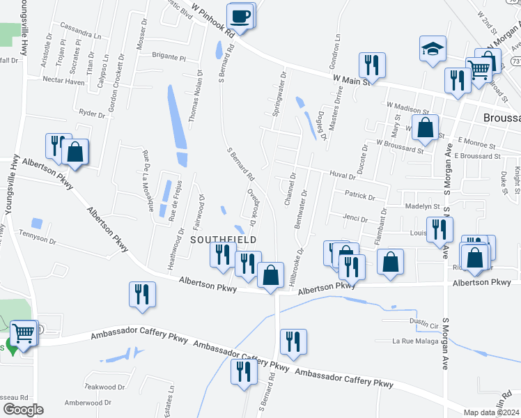 map of restaurants, bars, coffee shops, grocery stores, and more near 308 Overbrook Drive in Broussard