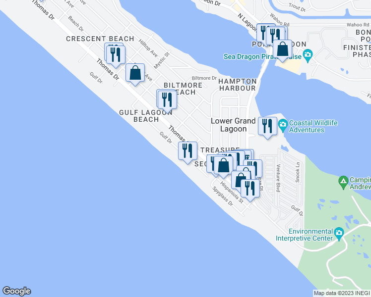 map of restaurants, bars, coffee shops, grocery stores, and more near 5225 Thomas Drive in Panama City