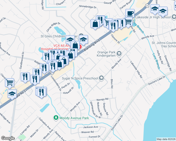 map of restaurants, bars, coffee shops, grocery stores, and more near 2662 Shannon Street in Orange Park
