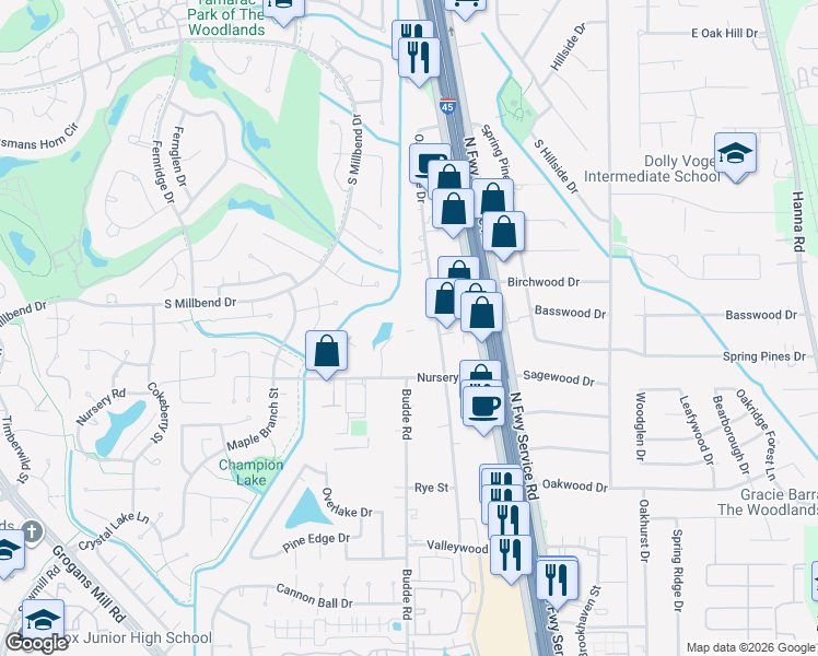 map of restaurants, bars, coffee shops, grocery stores, and more near 26209 Oak Ridge Drive in The Woodlands
