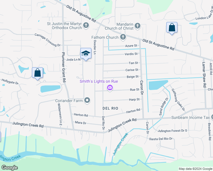 map of restaurants, bars, coffee shops, grocery stores, and more near 12605 Del Rio Drive in Jacksonville