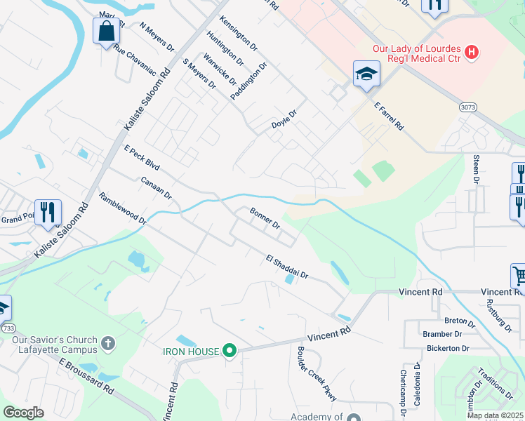map of restaurants, bars, coffee shops, grocery stores, and more near 115 Bonner Drive in Lafayette